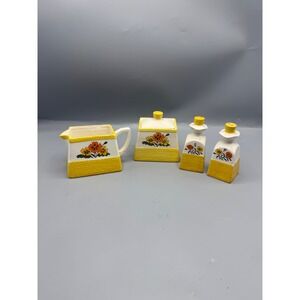 Vtg Ceramic Set Cream Pitcher Sugar Salt Pepper Shakers Yellow Floral Orange
